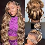 Ombre Honey Blonde 360 Lace Front Wigs Human Hair Drawstring Highlight Body Wave Lace Front Wigs Human Hair Pre Plucked 360 HD Full Lace Wig 180 Density Frontal Glueless Wigs for Women 28 Inch