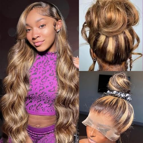 Ombre Honey Blonde 360 Lace Front Wigs Human Hair Drawstring Highlight Body Wave Lace Front Wigs Human Hair Pre Plucked 360 HD Full Lace Wig 180 Density Frontal Glueless Wigs for Women 28 Inch