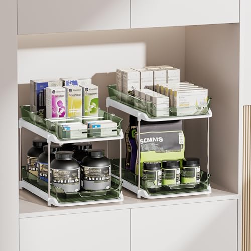 Image of Delamu 2-Tier Multi-Purpose Bathroom Under Sink Organizers and Storage, Stackable Kitchen Pantry Organization, Pull Out Medicine Cabinet Organizer with Movable Dividers, Light Green, 2 Pack