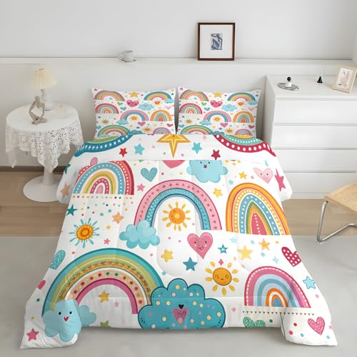 PNHCL Edredon Cama 90 Infantil Arcoíris Rayas Amor Dibujos Animados Edredón 135x200 cm Sol Blanco Estrellas Nubes Edredones Infantiles con 2 Funda de Almohada para Niños y Niñas