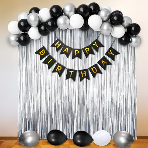 Image of Party Propz Black And White Birthday Decoration Kit - 40 Pcs Aesthetic Birthday Decor With Happy Birthday Banner, Silver Foil Curtain, Ribbons, Black, White & Silver Balloons For Bday Decoration