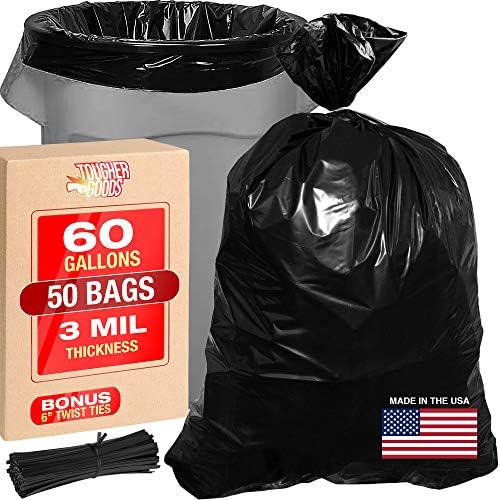 3 Mil 60 Gallon Contractor Trash Bags - 38"Wx58"H Heavy Duty Black Bags for Garbage and Storage - Super Thick Industrial Grade Trash Bags for Construction, Yard Work, Commercial Use (50)
