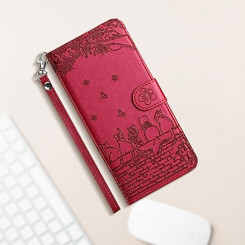 Butnyeoe for Samsung Galaxy A55 5G Phone Case with Card Holder Strap and Magnetic, Samsung A55 5G Flip Case for Women Cute Cats Leather Wallet Cover-Mauve/Red - Image 6