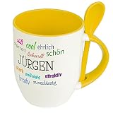 Löffeltasse mit Namen Jürgen - Positive Eigenschaften von Jürgen - Namenstasse, Kaffeebecher, Mug, Becher, Kaffeetasse - Farbe Gelb