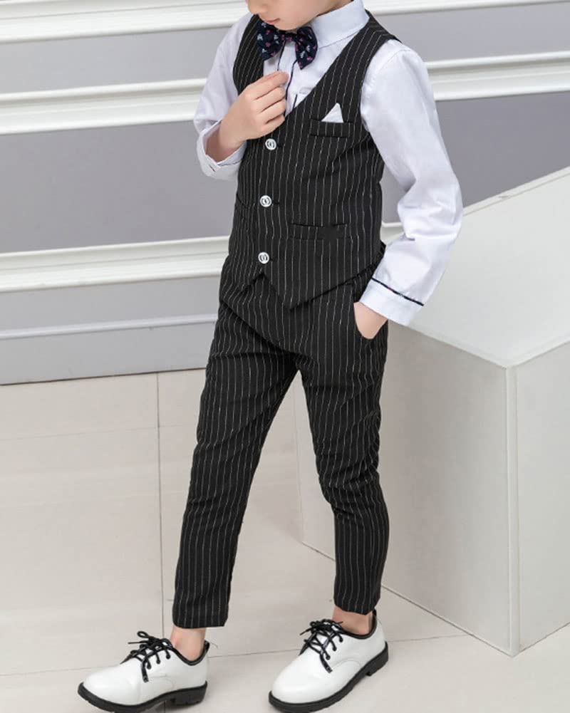 DAIHAN Ragazzi Abbigliamento Formale Vestito da Smoking a Righe con Gilet Maglia a Maniche Lunghe Cravatta a Farfalla Panciotto Pantaloni Abiti Slim Fit per la Festa di Compleanno di Matrimonio