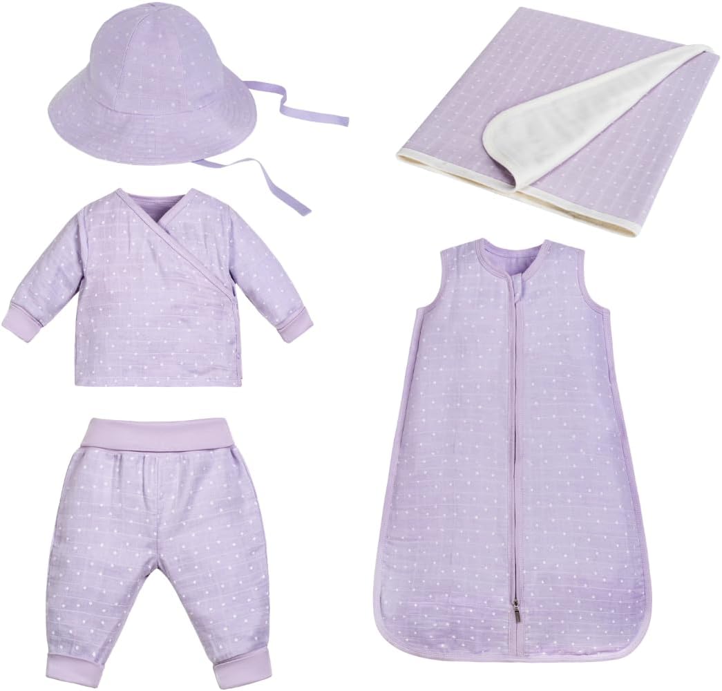 Under the Nile Organic Muslin Newborn Essentials Set – Lavender Stars 0–3 Months – GOTS-Certified Egyptian Cotton
