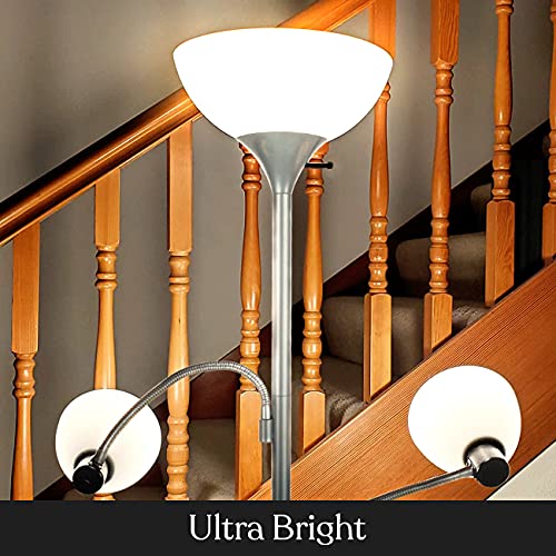 Brightech Sky Dome Double Led Floor Lamp, Torchiere Super Bright Floor Lamp With 2 Reading Lamps For Living Rooms & Offices - Dimmable Tall Standing Lamp For Bedroom Reading - Tall Silver Pole #TOP3