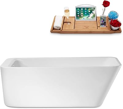 Streamline 63" Freestanding Soaking Bathtub Glossy White Acrylic Oval Tub with Matching Glossy White Drain and Bamboo Tray Modern Design, 79 Gallon Capacity