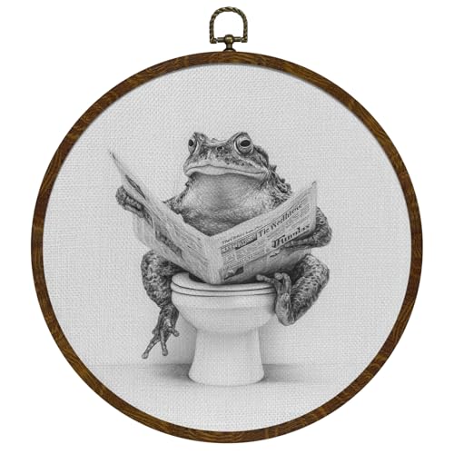 KLYTINK Funny Frog on Toilet Reading Round Wall Art, Humor Animal Bathroom Decor, Rustic Farmhouse Round Hanging Sign for Restroom or Powder Room, 10" Frame (White-Frog)