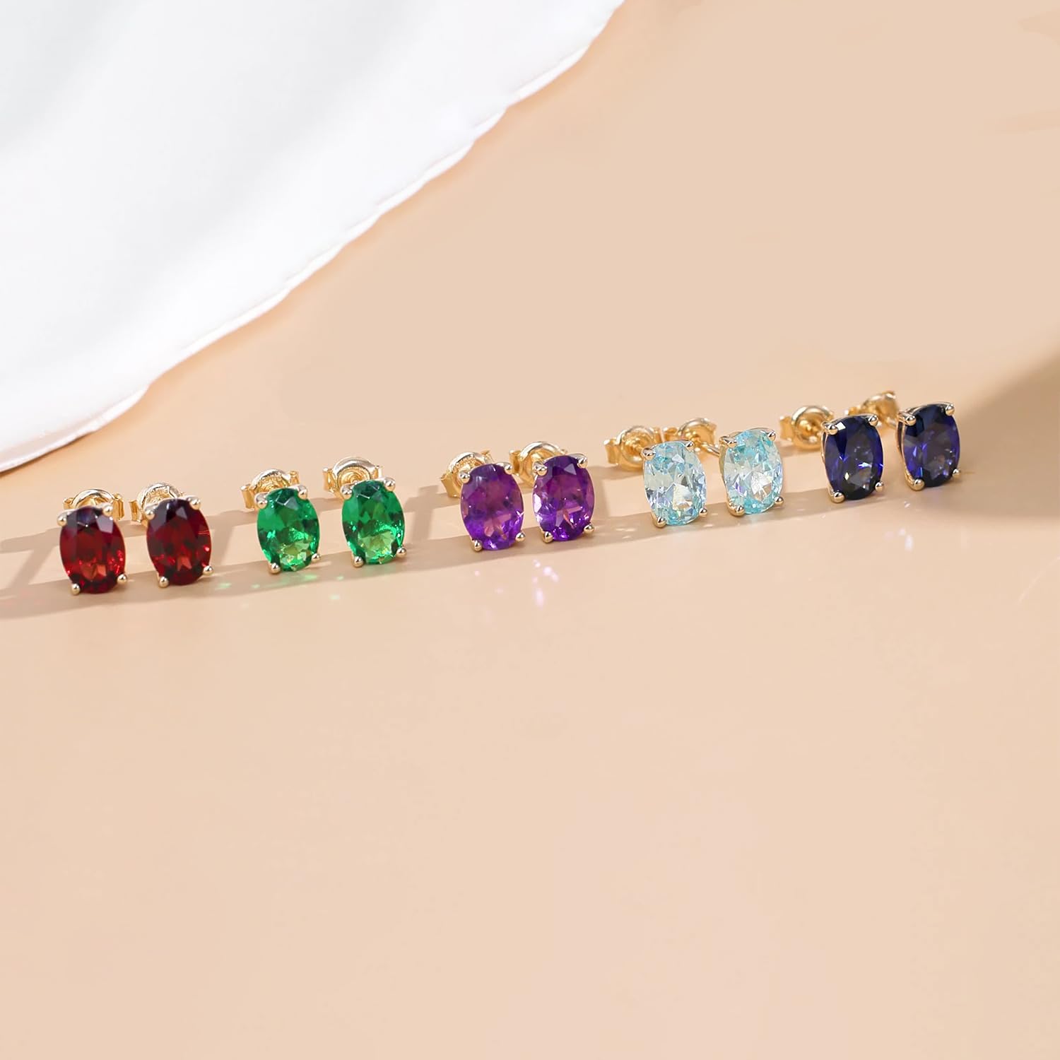 FANCIME Solide 14 Karat 585 Gelb Gold Oval Ohrringe Ohrstecker mit Echt Natürlich/Synthetische Edelstein Geschenk Schmuck für Damen Mädchen Mama, Größe: 5 * 7 mm