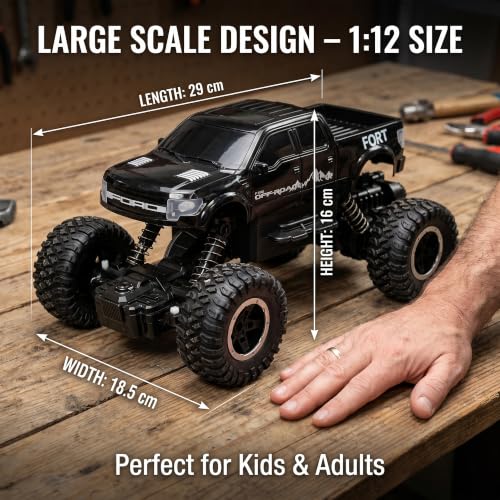 Image of Big Size Rock Crawler Rc 4x4 Car Monster Truck Toy for Boys Girls Kids, Off-Road Vehicle with LED Headlights & Music, Dual Mist Fog Spray Function, Anti-Skid Rubber Tires, Birthday Gift 6121 Black