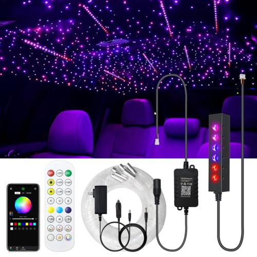 Image of AKEPO 3.2W 6-Hole RGB Headliner Starlight Kit, 6.5ft 240pcs*0.75mm /0.03in APP Control Colorful Color Chasing Sound Activated Fiber Optic Lights