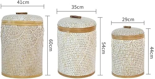 Rattan Laundry Hamper w/Lid Round Wicker Large Clothing Storage Basket intage Bamboo Woen Laundry Basket Rustic Style Sundries Basket for Bedroom, 35x54cm, White (White 35x54cm)
