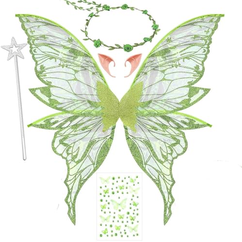MAKFORT Costume d'Halloween Ailes de fée pour adultes et filles avec guirlande florale, cheveux de fée Tinsel, baguette et oreilles d'elfe Ailes de papillon...