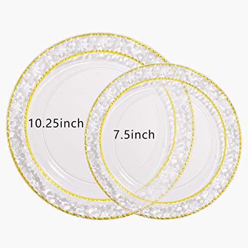 Nervure 102Pcs Gold Plastic Plates - Clear Crystal Design Disposable Wedding Plastic Plates Include 51 Plastic Dinner Plates 10.25 Inch,51 Salad/Dessert Plates 7.5 Inch For Wedding & Parties #TOP1