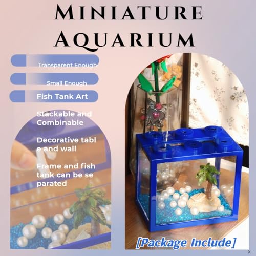 Small Betta Fish Tank, Stackable Mini Aquarium Tank Kit with Aquarium Gravel Pearl Decoration, 3/5 Gallon Fish Bowl Tiny Cube Tank for Seaweed Balls Sea Monkeys,Blue - Thumbnail 3