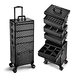 Beauty Trolley on Wheels 5 in 1 Vanity Case Makeup Trolley Box Makeup Case 5 Tiers Hairdressing Trolley On Wheels Salon Nail Polish Organiser Lockable, Diamond Black