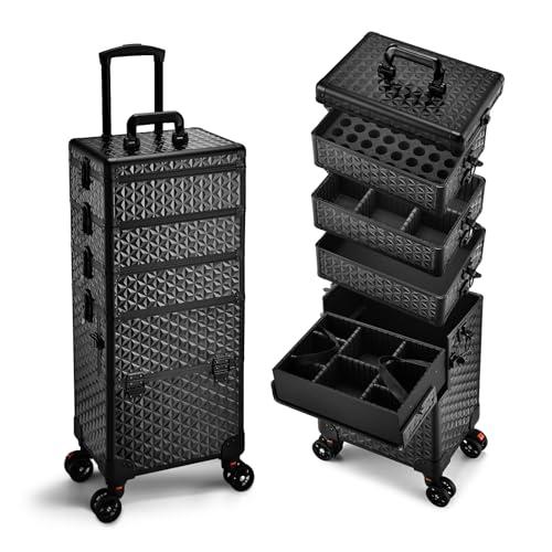 Yueieoun 5 in 1 Makeup Train Case, Cosmetology Case on Wheels Travel Make up Case Rolling Nail Cart...