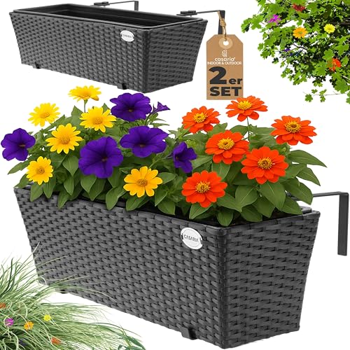 Casaria® 2x Fioriera Balcone 60cm 11L Rattan Supporto Esterno Interno Resistente agli Agenti Atmosferici e ai Raggi UV Rimovibile Ringhiera Vaso Portafiori Rettangolare Fiori Piante Nero