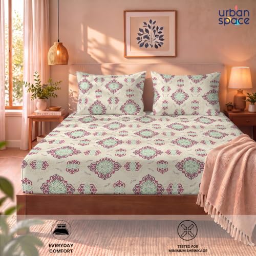 Image of Urban Space 144 TC Divine 100% Cotton Bedsheet for Double Bed with 2 Pillow Covers, Queen Bedsheet (Size 90 x 100 inches, Naqsh Buttercream, Double)
