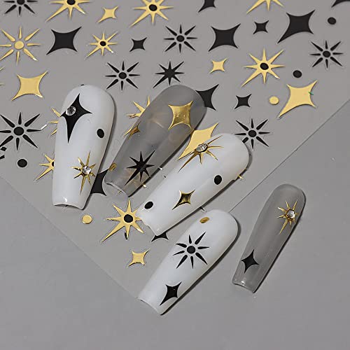 3D Moon Star Nail Stickers, Nail Decals, Stars Moon Design Golden Silver Black Nail Art Stickers Self Adhesive Sticker Nail Sticker For Nail Art Decorations Women Diy Nail Accessories 6Sheets #TOP4