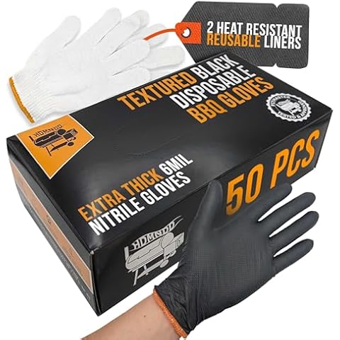 HDMNDD Black Disposable BBQ Grill Gloves Kit - 50 Heavy Duty Textured Grip and 2 Heat Resistant Reusable Liners Meat Pulling (Full Palm & Finger Texture, X-Large) Cover