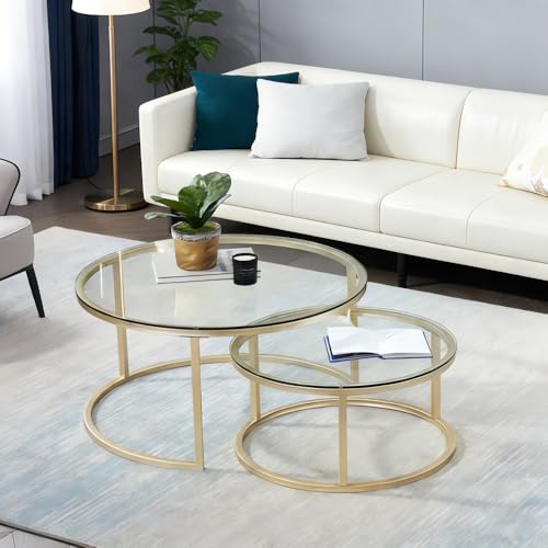 Round Nesting Coffee Table Gold Set of 2 for Living Room, Modern Side Tables with...