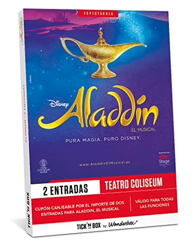 Tick&Box - Caja Regalo - Disney Aladdin el Musical - 1 Entrada para 2 Personas - Todo lo Que deseas Encontrar en un Musical Hecho Realidad - Regalos Originales para Mujer - Válido por 2 años