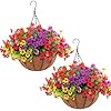 Hananona 2 Set Artificial Outdoor Flowers with Hanging Basket, 2 Hanging Planters with 24 Pcs Flowers for Spring Summer Front Porch Garden Patio Home Decor (2, Red, Purple, Yellow, Rose Red)