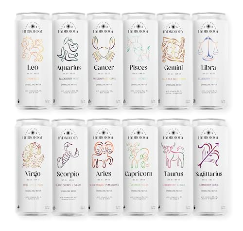Hydrology Zodiac Water - 12 Sign Variety Pack - Organically Flavored Social Sparkling Water with unique Vitamins and Minerals tailored to each Zodiac Sign, Astrology Drink for Birthday Gift (12-Pack, 12 Sign Variety Pack)