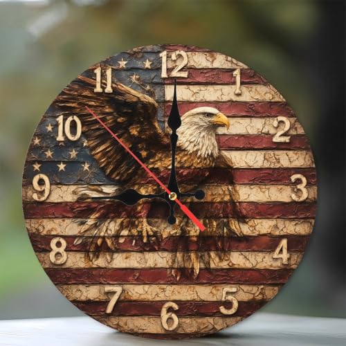 American Bald Eagle Flag Wall Clock Rustic Decor 10-Inch Wooden Wall Clock, Silent Movement, Perfect for Living Room Bedroom Bathroom Home Decor