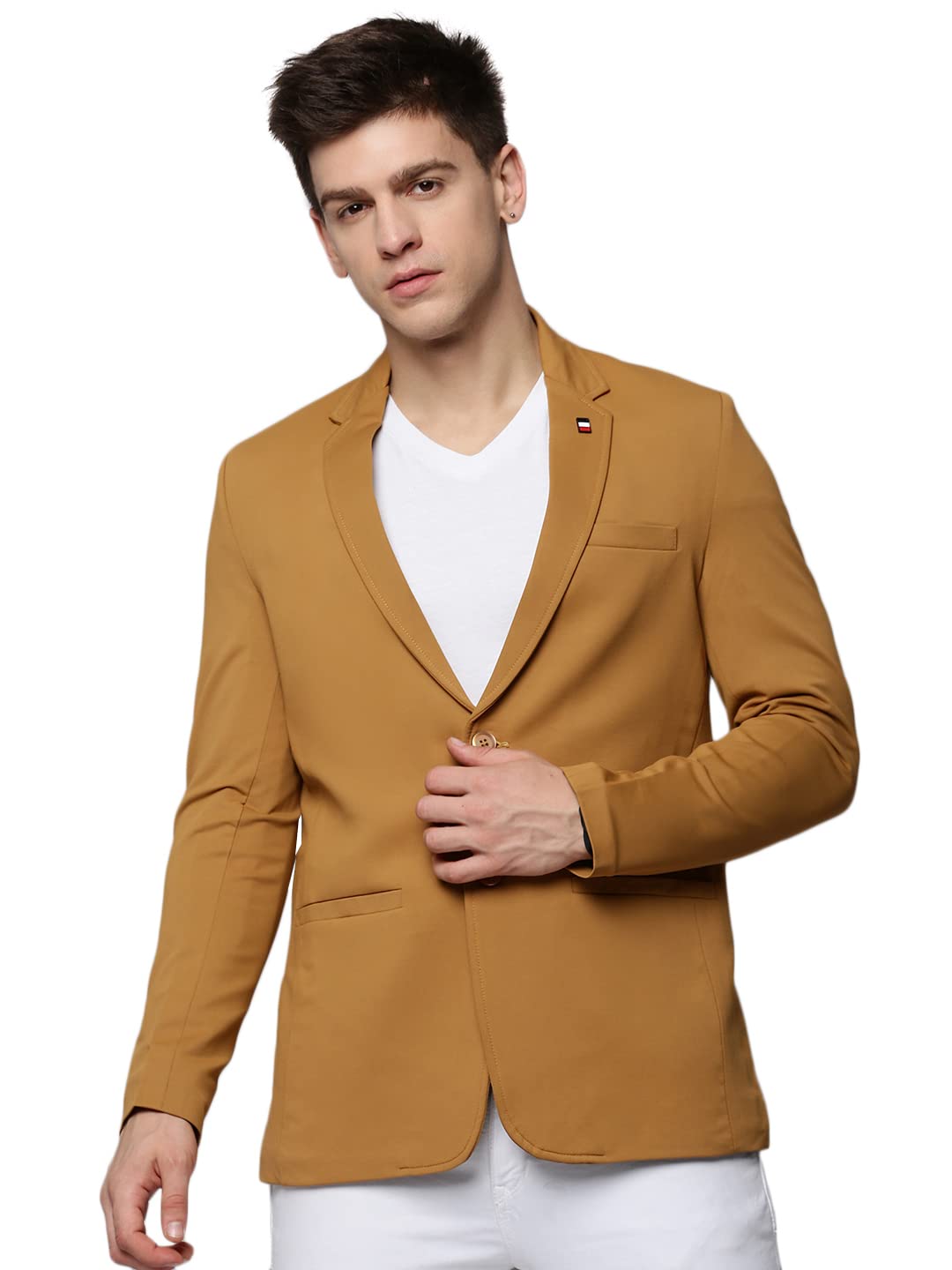 showoffff SHOWOFF Men's Notched Lapel Solid Gold Open Front Blazer-EXES-3001_Gold-picture-16