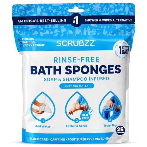 Scrubzz Disposable Rinse Free Bathing Wipes - 25 Pack - All-in-1 Single Use Shower Wipes Simply Dampen Lather and Dry Without Shampoo or Rinsing
