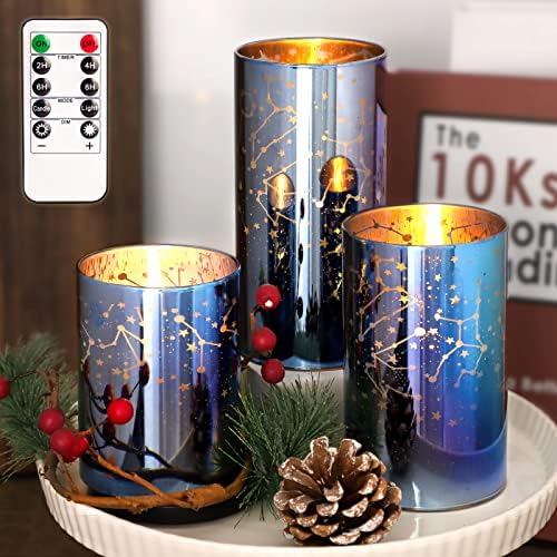 FLAVCHARM Blue Glass Flameless Candles with Remote Starry Sky Theme LED Flickering Candles Set Battery Operated Timer for Home Party Bedroom Christmas Decor Wedding Table Decor