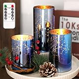 FLAVCHARM Blue Glass Flameless Candles with Remote Starry Sky Theme LED Flickering Candles Set Batte