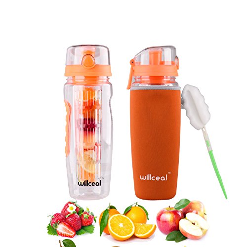 Fruit Infuser Water Bottle 32Oz Willceal- Durable, Large - Bpa Free Tritan, Flip Lid, Leak Proof Design - Sports, Camping (Orange) #TOP1