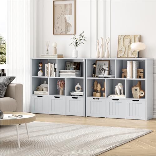 FOTOSOK-Toy-Storage-Organizer-with-3-Movable-Drawers-Floor-Storage-Cabinet-Toy-Chest-with-Hidden-Wheels-and-5-Storage-Cubbies-Multifunctional-Storage-Chest-for-Playroom-Grey FOTOSOK Toy Storage Organizer with 3 Movable Drawers Floor Storage Cabinet Toy Chest with Hidden Wheels and 5 Storage Cubbies Multifunctional Storage Chest for Playroom Grey