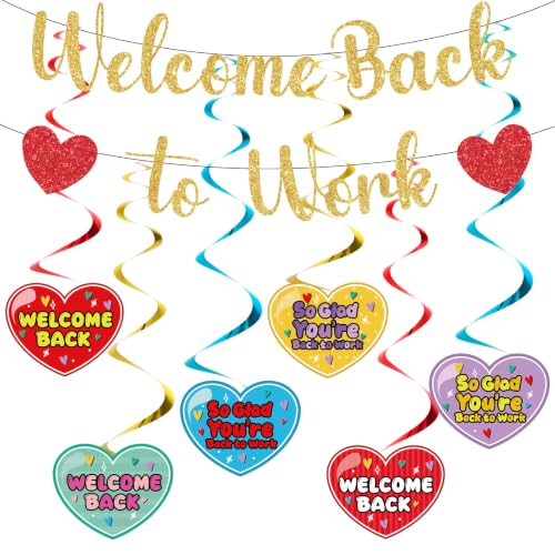 Image of Welcome Back To Work Decoration Banner So Glad You're Back To Work Banner and Hanging Swirls for Office Party Supplies - Gold