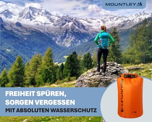 MOUNTLEY Dry Bag 8L - Packsack wasserdicht Ultraleicht, Packtaschen für Rucksack, Reisebeutel, ideale wasserdichter Beutel für Wandern, Trekking, Camping & Wassersport (DryBag Orange)