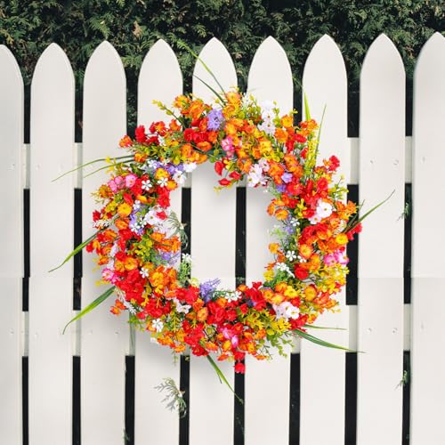 40 cm Türkranz, Wildblumen Girlande, Künstlich Türkranz Ganzjährig für Wanddekoration Haustür Deko, Bunte Frühlings Sommer Girlande, Türen Hängen Kranz Blumenkranz für Garten, Hochzeit, Party