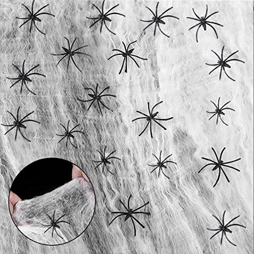 OUOQI Halloween Spinnennetz Deko,100g Halloween Spinnennetz und 30 Spinnen,Halloween Deko Horror Spinnweben Spinnen Halloween Deko Spinnenweben Halloween Spinnennetze,Spinnweben Deko in Weiss Cover