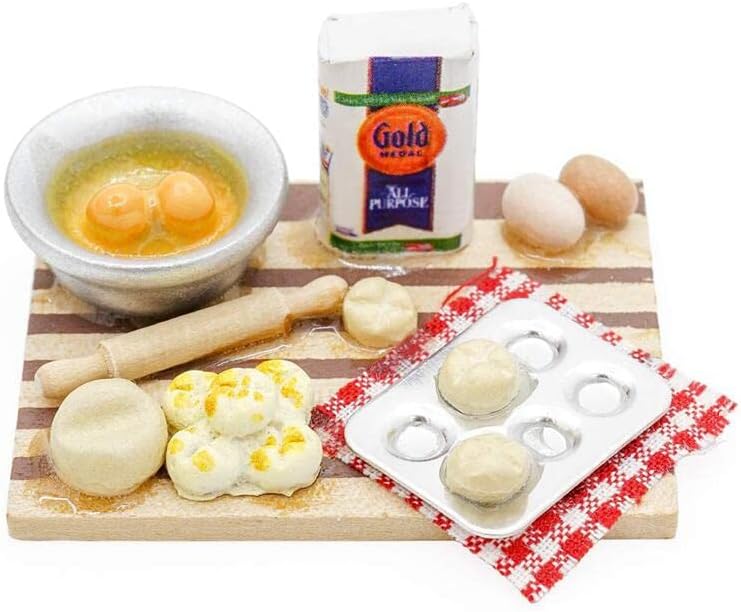 Miniatura 3 de Juego de cocina en miniatura para casa de muñecas, accesorios a escala 112, con mini alimentos, huevos, leche, pan, modelo, escena de juego de