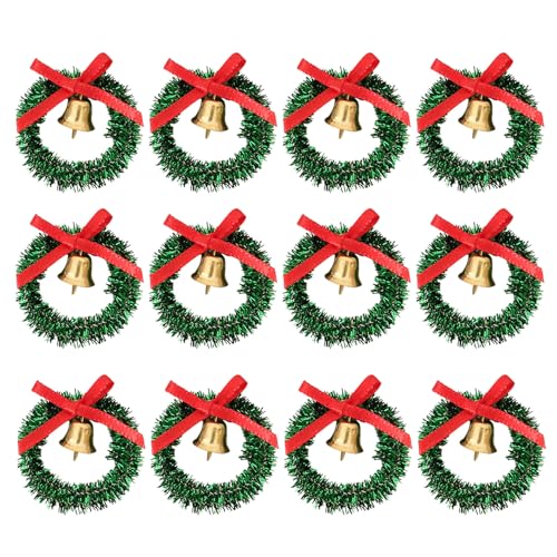 TOYANDONA 12 Pièces Couronnes de Noël Miniatures avec Nœud et Clochettes Guirlandes Vertes Suspendues pour Décoration de Fêtes et Armoires Ornements de Noël Hivernal