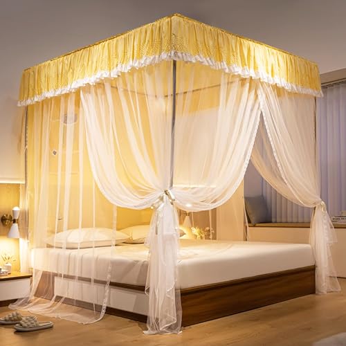 Dosel para cama de princesa con 4 postes en las esquinas, cortina mosquitera, dosel para cama tamaño queen y king, elegante y acogedor drapeado de doble capa para decoración de dormitorio de adultos