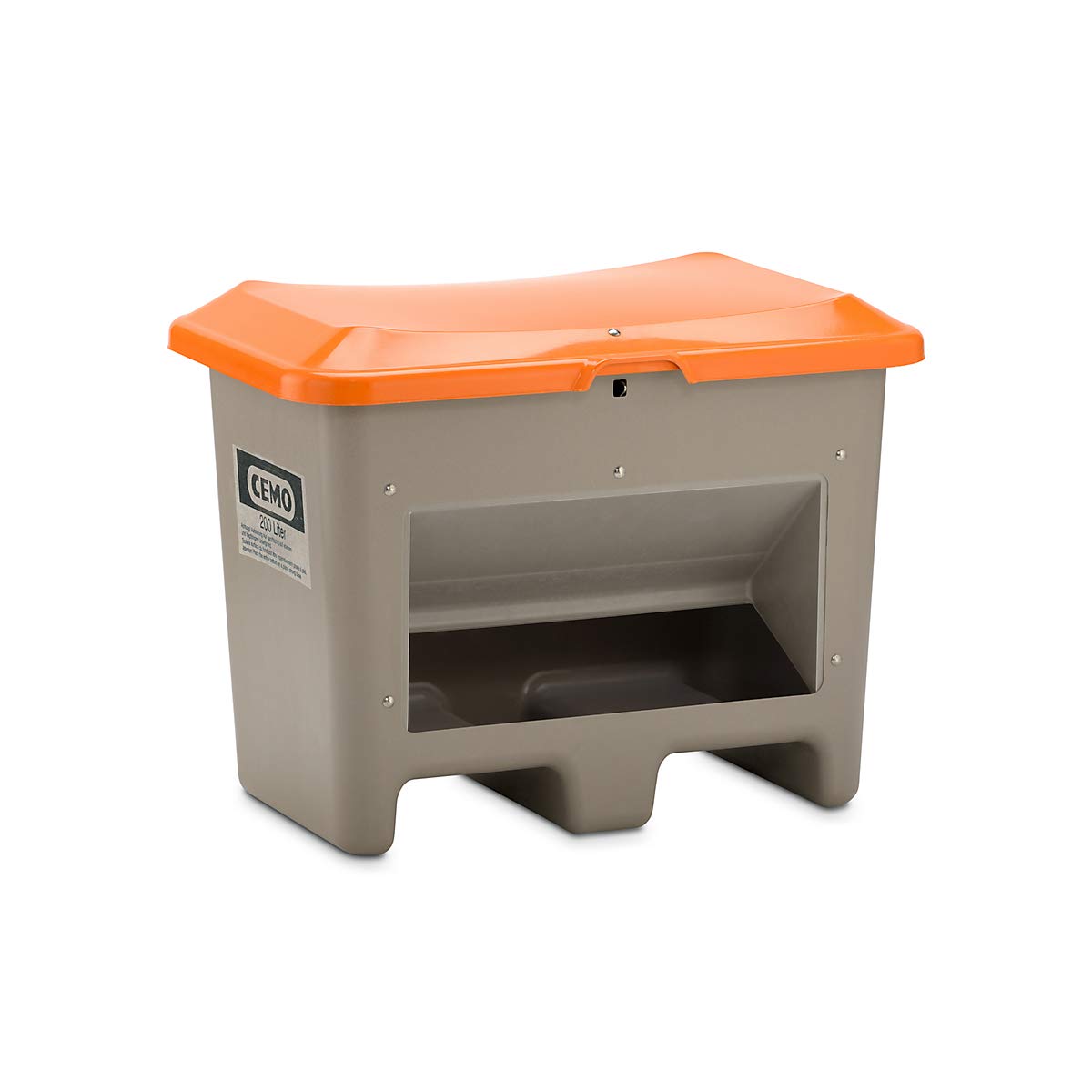 CEMO 10568 GFK-Streugutbehälter mit Entnahmeöffnung und integrierten Staplertasche, grau/orange, 200 L