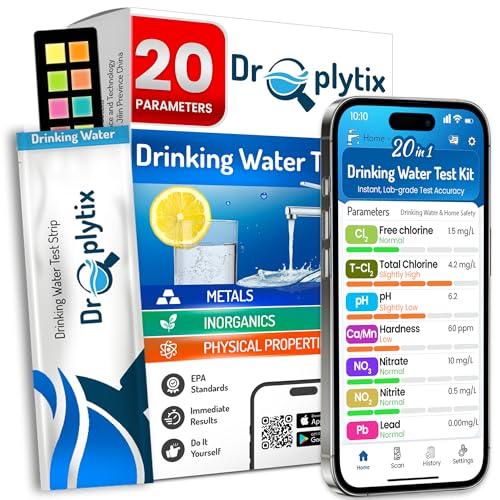 DROPLYTIX 20-in-1 Drinking Water Test Kit with Mobile App, Lab-Precision Home Water Testing Strips for Tap and Well Water, Tests pH, Hardness, Lead, Iron, Chlorine, Nitrate, Fluoride, Heavy Metals