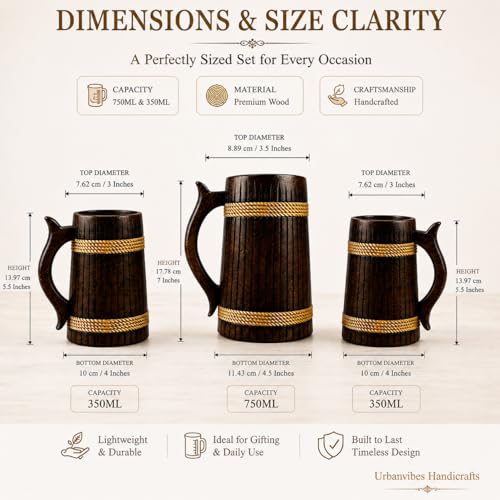 Image of Handcrafted Wooden Beer Bar Combo Set|Beer Mug |Barrel Shaped Jumbo Mug| (Thin Lines)(Set of 3) (2 Small Beer Mug 350ML Each & 1 Beer Jug Large 750ML)