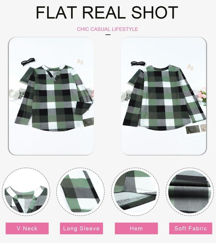 Image of Dokotoo Womens Tops Plaid Cotton Cuffed 3 /4 Sleeve Shirts Blouses