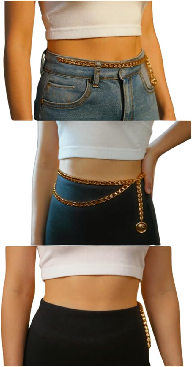 Women Fashion Belt Hip Waist Gold Metal Chain Links Wave Coin Charm Medallion Size M L XL z306