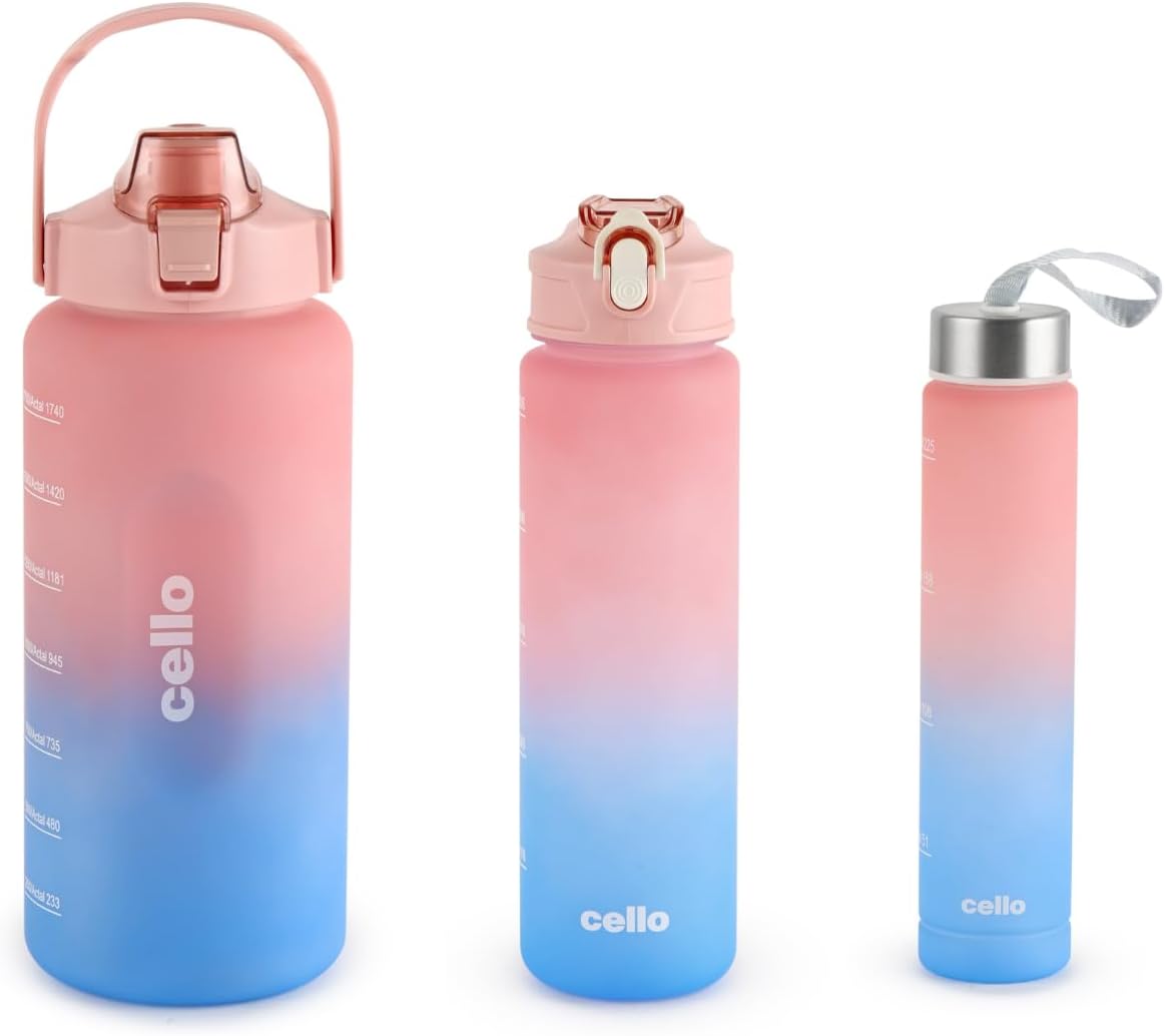 CELLO All Day Large Water Bottle, Pink | Set of 3 (310ml, 790ml, 2085ml) |Leakproof, Easy to Carry, Lightweight|Gym Workout Sipper Water Bottle For Fitness, Office, School, Sports & Outdoor Hydration